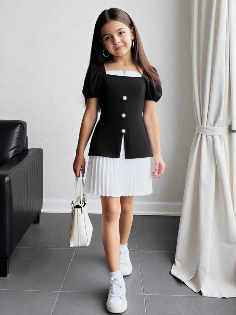 Tween Girls 8Y Black & White Puff-Sleeve Dress with Pleated Skirt